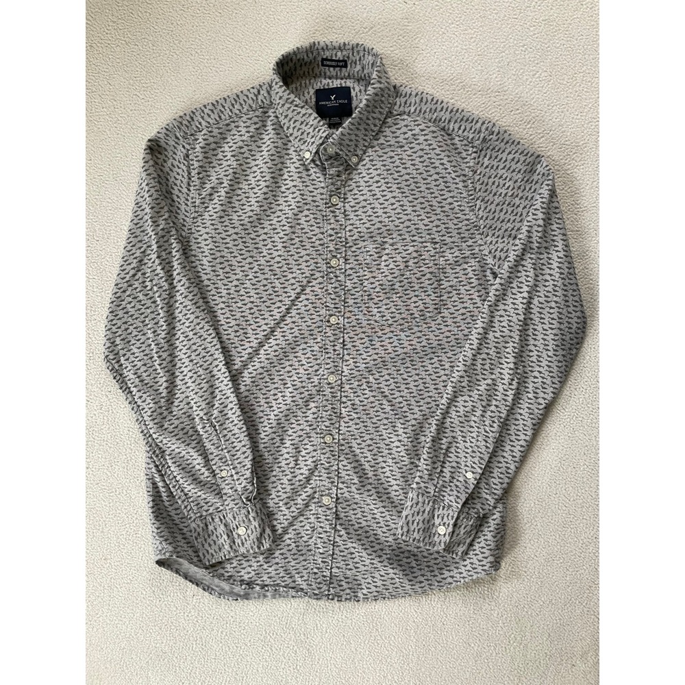 American Eagle Mens Medium Button Down Shirt Grey Shark Print Seriously Soft AOP